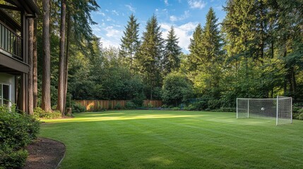 Fototapeta premium Spacious backyard with a soccer goal, open lawn, and tall trees. Ideal for sports enthusiasts and outdoor games.