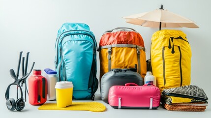 Collection of Air Cooling Devices, Diving Equipment, Cooler Bags, Portable Refrigerators, Sun Umbrellas, and Beach Mats Displayed on a White Background for Summer Essentials and Outdoor Activities