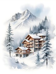 Naklejka premium Watercolor Ski Resort Landscape Art
