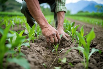 Fototapeta premium Farmer's hands gently tending to young corn plants in a fertile field.