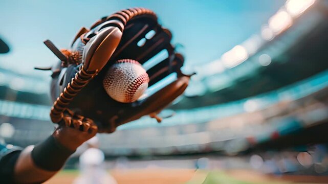 A baseball glove catches a ball in the middle of a game.  The field blurs in the background.