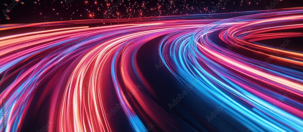 Poster vibrant 3d render of neon light trails on dark background abstract motion curve representing speed a