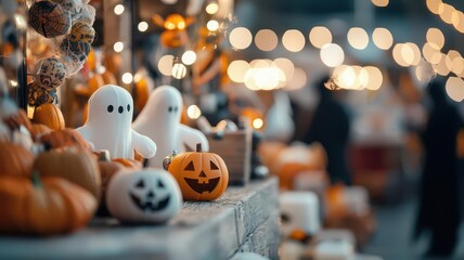 Obraz premium Spooky Halloween market scene with ghostly decorations, animated booths, and costumed vendors, moonlit night, Halloween market booths, concept