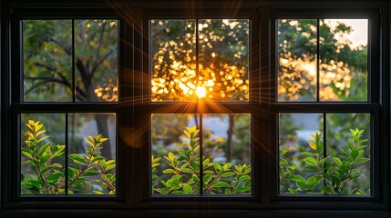 Rays of the setting sun pierce through a window, illuminating vibrant green plants and casting golden reflections.