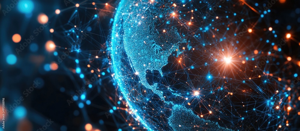 Poster holographic globe with interconnected nodes representing global network communication technology fin