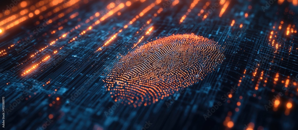 Poster fingerprint scan with data processing and light trails on a black background concept of global techn