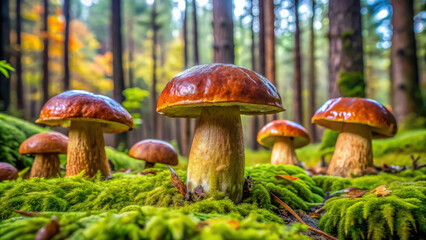Fototapeta premium boletus in the autumn forest against the background of trees, yellow foliage, leaves, phallus, nature, wood, plant, mycelium, porcini mushroom, edible, brown, close-up, trunks, pine trees