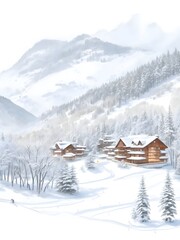 Fototapeta premium Watercolor Ski Resort Landscape Art