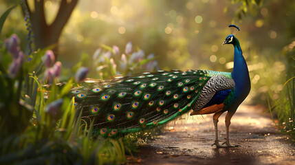 Naklejka premium Majestic Peacock in a Sunlit Forest.