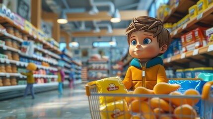Fototapeta premium Cartoon 3D shoppers with carts in the frozen food section
