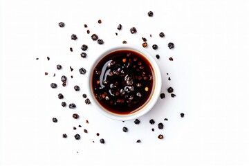 smear of soy sauce or teriyaki black pepper top view over white background