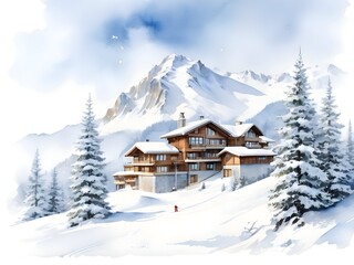 Watercolor Ski Resort Landscape Art