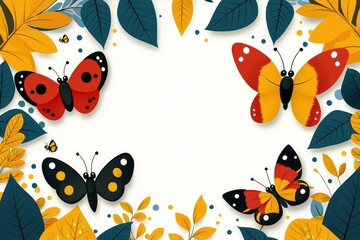 Obraz premium Colorful Butterflies on White Background with Leaves