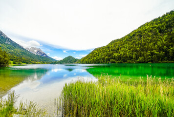 Obraz premium Landscape at Hintersteiner See near Scheffau in Tyrol. Idyllic nature at the mountain lake in the Wilder Kaiser nature reserve in Austria. 