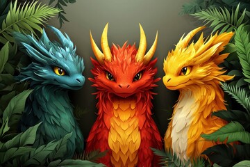 Three Friendly Dragons in a Forest