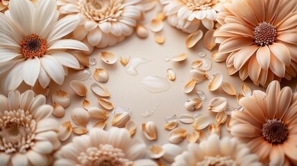 Delicate White and Peach Flowers Arranged on a Light Surface With Petals Scattered Artistic Arrangement