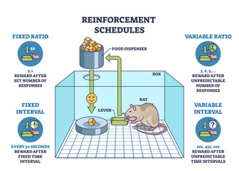 Reinforcement schedules for operant conditioning training outline diagram, transparent background. Labeled educational behavior scheme with fixed or variable ratio and interval types illustration.