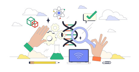 STEM classes with science and math education tiny person neubrutalism concept, transparent background. Engineering, mathematics and physics learning for smart students illustration.