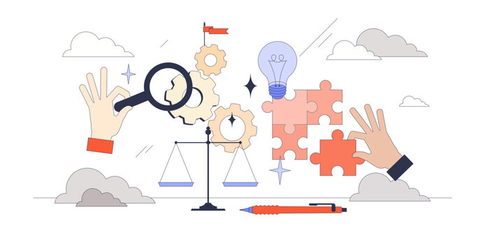 Systems of thinking with analytical approach tiny person neubrutalism concept, transparent background. Logic and critical thinking for information management and analytics illustration.