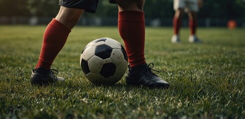 Obraz premium Footballer Kicking Ball On Grass Field. Classic Soccer Ball. Soccer Football Background