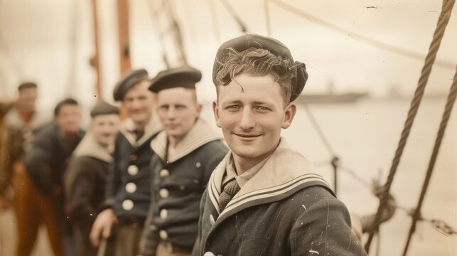 A vintage photograph of sailors on the deck of a cargo ship.