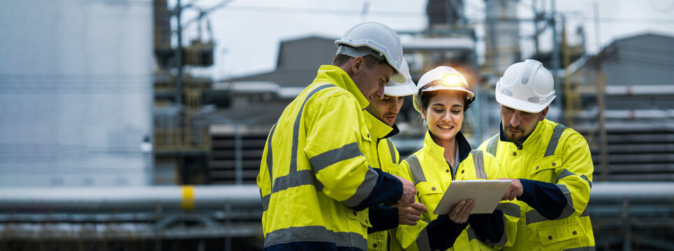 Male and female industrial engineers wearing hard hats talk to collaborate on new project. Team of engineers inspecting gas separation plant using tablets.