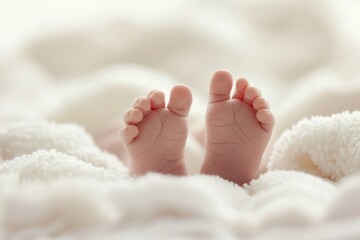 Tiny Newborn Baby Feet Resting on White Blanket
