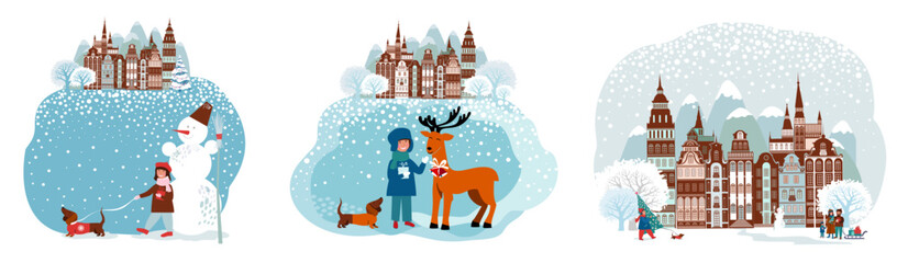 Set of Christmas and Happy New Year illustrations. Merry Christmas Corporate Holiday cards and invitations for web, social media, print. Trendy retro style. Winter holiday card 