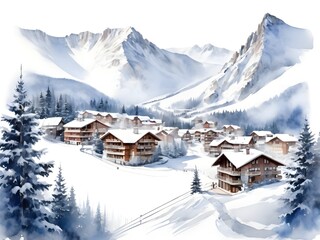 Watercolor Ski Resort Landscape Art