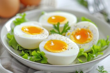 Four Soft-Boiled Eggs on a White Plate with Green Lettuce
