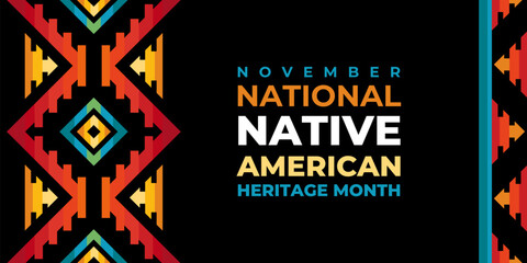 Native american heritage month greeting. Vector banner, poster, card, content for social media with text Native american heritage month, november. Black background with native ornament tribal pattern