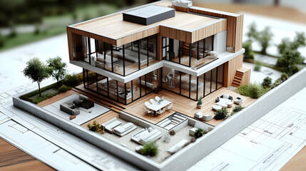 Modern House Architectural Model with Detailed Yard and Patio - 3D Illustration