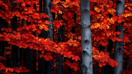 Vibrant autumn leaves blanket forest floor, fiery hues paint nature's canvas