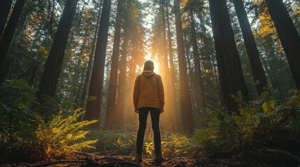 Fototapeta premium A lone figure stands in a sun-drenched forest, surrounded by tall trees and lush ferns. The golden light creates a sense of mystery and wonder.