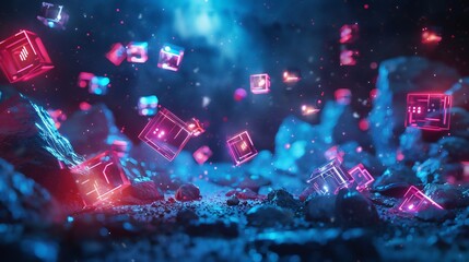 ark background with luminous tech icons and floating elements.