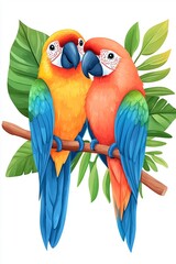Obraz premium Two colorful parrots perched on a branch, surrounded by vibrant green leaves, showcasing a beautiful tropical scene.