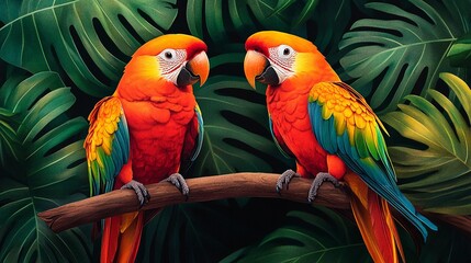 Fototapeta premium Two vibrant macaw parrots perched on a branch amidst lush green leaves, showcasing stunning colors in a tropical setting.