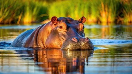 Fototapeta premium Hippopotamus relaxing in shallow water , hippo, wildlife, submerged, river, mammal, aquatic, peaceful, relaxation, large, water