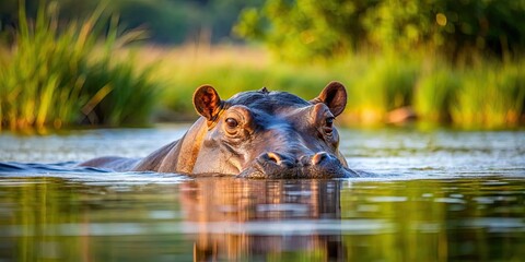 Fototapeta premium Hippo swimming in a river , hippopotamus, water, wildlife, African, animal, mammal, nature, wild, aquatic, safari, natural habitat