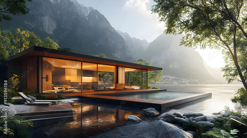 Canvas Prints Modern home with infinity pool overlooking lake & mountains.