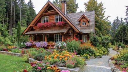 Picture a cozy chalet with wooden beams, a steeply pitched roof, and flower boxes under the windows.