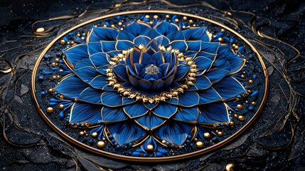 Obraz premium Abstract floral design in blue and gold with a circular frame. The image is detailed and intricate.