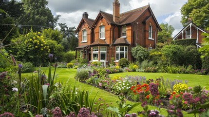 Imagine a picturesque Edwardian house with red brick walls, ornate gables, and a beautiful front garden.