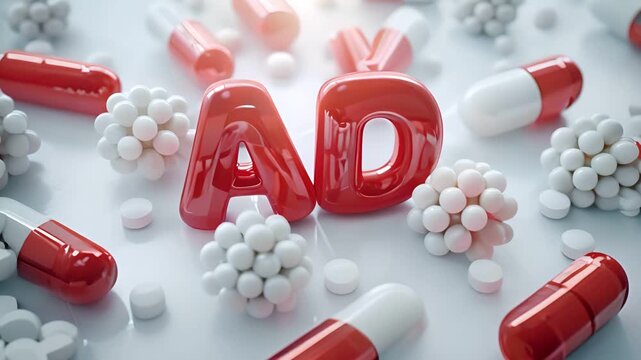 word AD in the center behind red-white pills floating with small white balls around white background