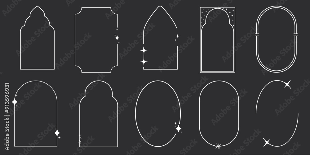 Wall mural set of y2k minimal geometric shapes thin line rings, abstract aesthetic element illustrated for bann