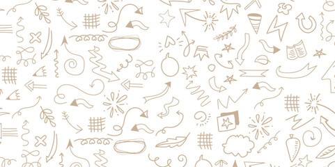 Seamless pattern with different brown hand drawn arrows on classic white background. Vector illustration. 