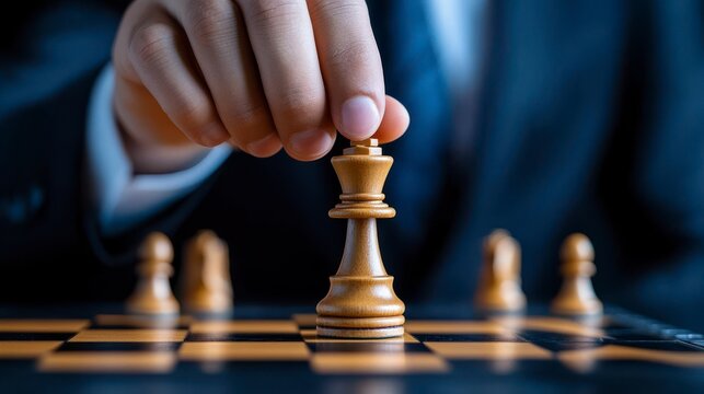 Closeup of a hand moving a chess king piece on a chessboard, representing strategy and leadership.