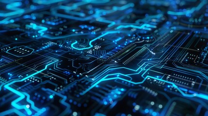 "Futuristic circuit board pattern in blue and black tones, ideal for technology-themed presentations.