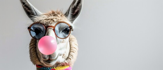 Obraz premium Funny llama wearing sunglasses and blowing bubblegum, isolated on a gray background with a fashionable scarf.