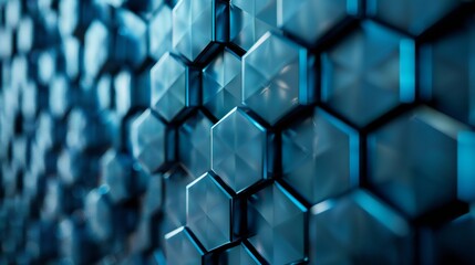 High-tech hexagonal grid pattern with a 3D effect in shades of blue and grey.